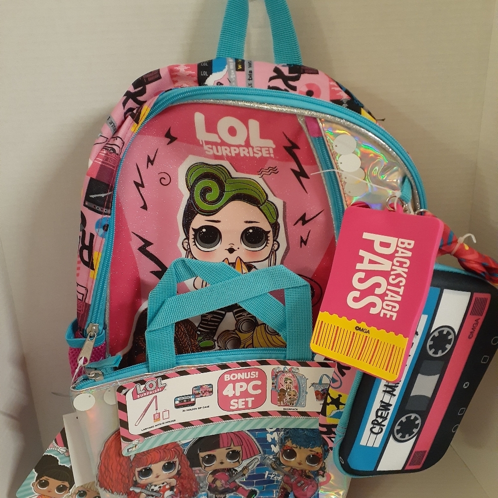 LOL Surprise Backpack Total 4 Piece Set:Backpack, Zip Case, ID Holder& Lunch Kit